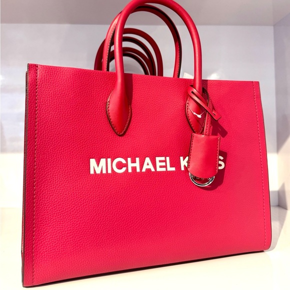 Michael Kors Mirella Medium Pebbled Leather Tote Bag Dark Raspberry Multi - Picture 3 of 10